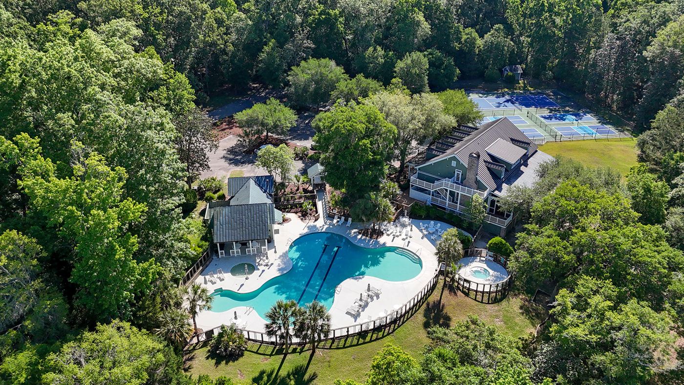 Aerial view of the Bull Point clubhouse and pool