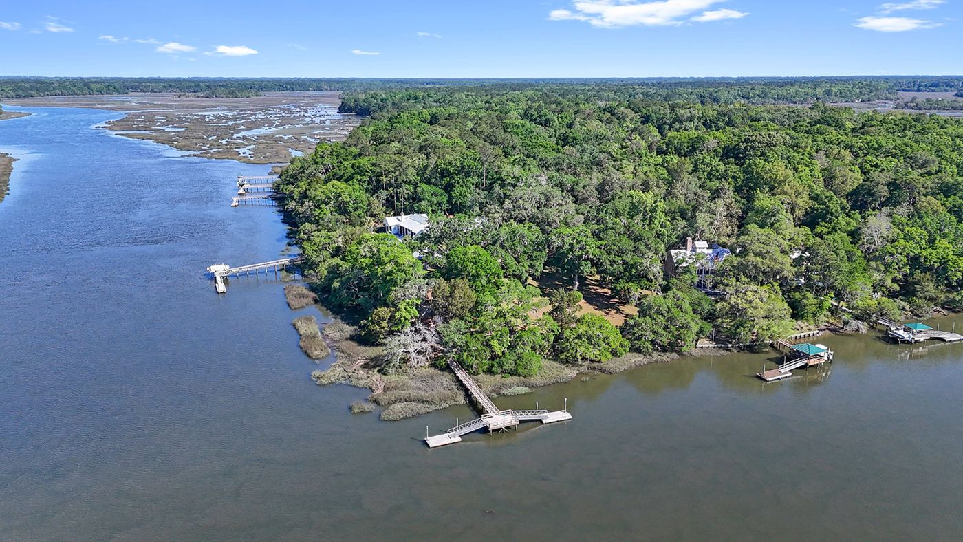 Aerial view of Bull Point's shoreline and private docks